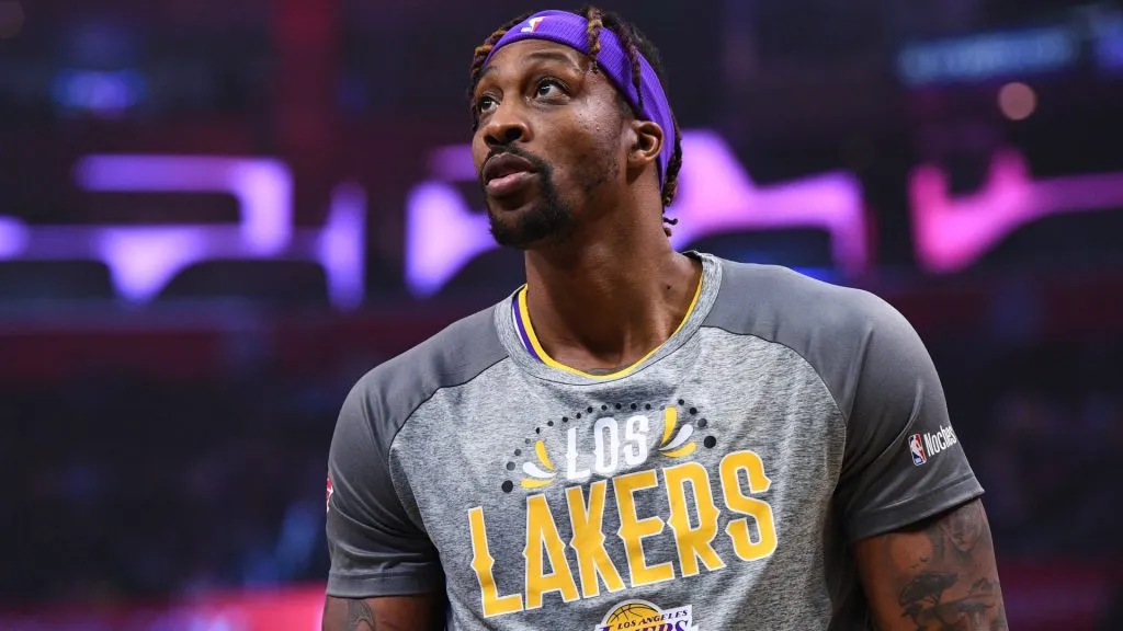 Los Angeles Lakers Center Dwight Howard (39) looks on before an NBA game.