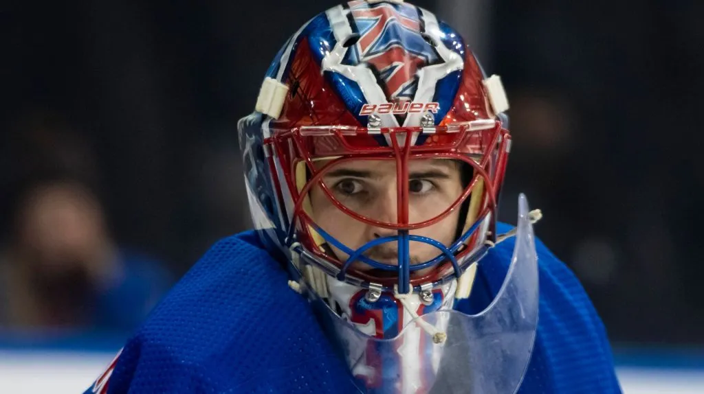 New York Rangers goaltender Igor Shesterkin (31) reacts to the play during the game between The New York Rangers and The Colorado Avalanche at Madison Square Garden in Manhattan, New York.