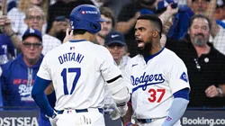 Shohei Ohtani #17 of the Los Angeles Dodgers celebrates a three run home run with Teoscar Hernández #37 during the second inning against the San Diego Padres in Game One of the Division Series at Dodger Stadium on October 05, 2024 in Los Angeles, California.