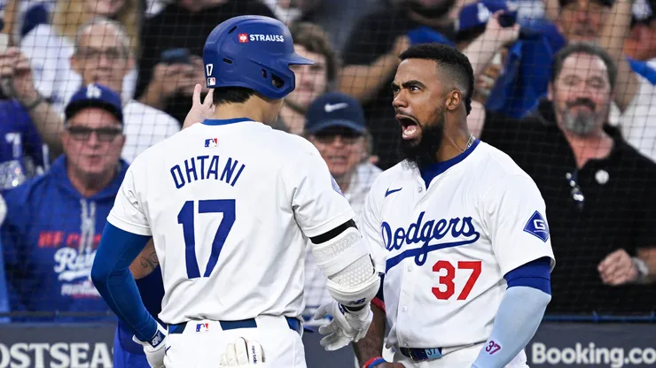 Shohei Ohtani #17 of the Los Angeles Dodgers celebrates a three run home run with Teoscar Hernández #37 during the second inning against the San Diego Padres in Game One of the Division Series at Dodger Stadium on October 05, 2024 in Los Angeles, California.