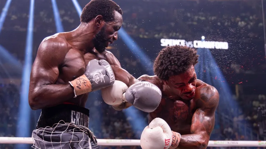 Terence Crawford punches Errol Spence Jr. during round 7 of their World Welterweight Championship bout at T-Mobile Arena on July 29, 2023 in Las Vegas, Nevada. (Photo by Al Bello/Getty Images)
