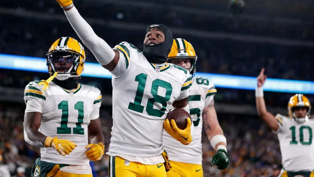 Malik Heath #18 of the Green Bay Packers celebrates after scoring a touchdown against the New York Giants during the fourth quarter in the game at MetLife Stadium on December 11, 2023. (Source: Sarah Stier/Getty Images)