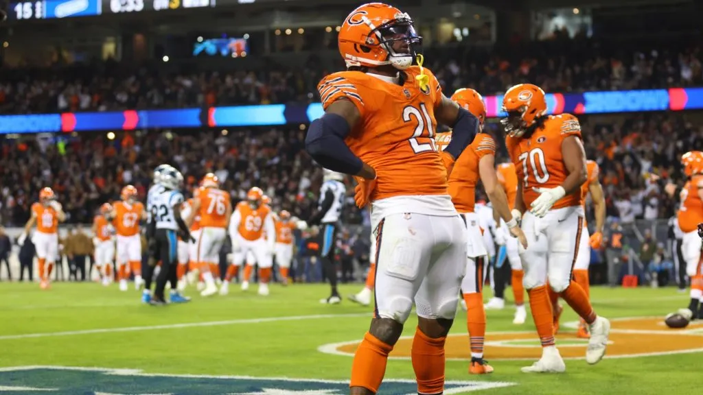 D’Onta Foreman #21 of the Chicago Bears celebrates after a touchdown during the third quarter against the Carolina Panthers at Soldier Field on November 09, 2023. (Source: Michael Reaves/Getty Images)