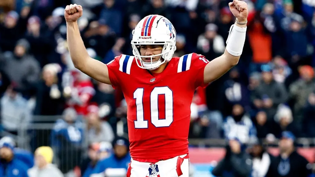 Drake Maye #10 of the New England Patriots reacts after a touchdown in the fourth quarter of a game against the Indianapolis Colts at Gillette Stadium on December 01, 2024. (Source: Winslow Townson/Getty Images)