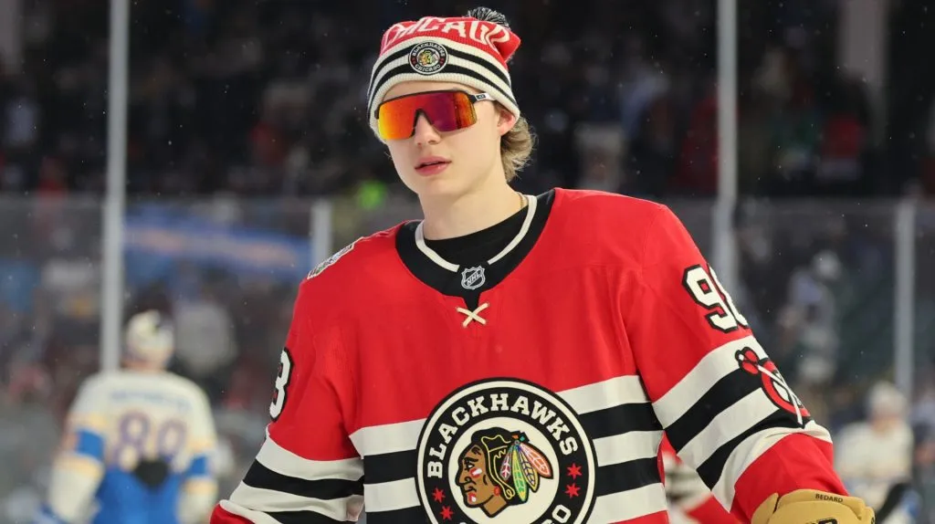 Connor Bedard #98 of the Chicago Blackhawks warms up prior to the 2024 NHL Winter Classic against the St. Louis Blues at Wrigley Field on December 31, 2024 in Chicago, Illinois.