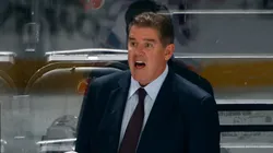 Head coach Peter Laviolette of New York Rangers handles the bench during the game against the New Jersey Devils at Prudential Center on October 04, 2023 in Newark, New Jersey.