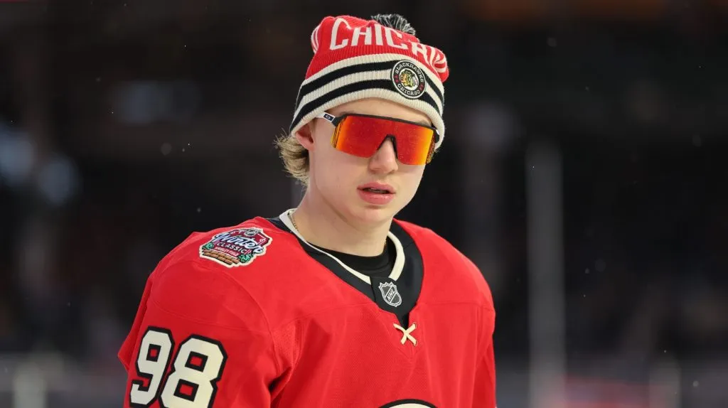 Connor Bedard #98 of the Chicago Blackhawks warms up prior to the 2024 NHL Winter Classic against the St. Louis Blues at Wrigley Field on December 31, 2024 in Chicago, Illinois.