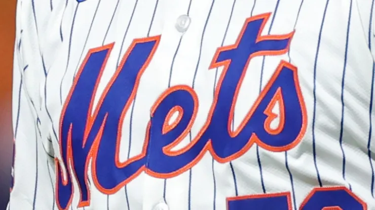 A jersey close-up of Sean Manaea #59 of the New York Mets reacting after a double play to end the sixth inning against the Philadelphia Phillies during Game Three of the Division Series at Citi Field in New York City.