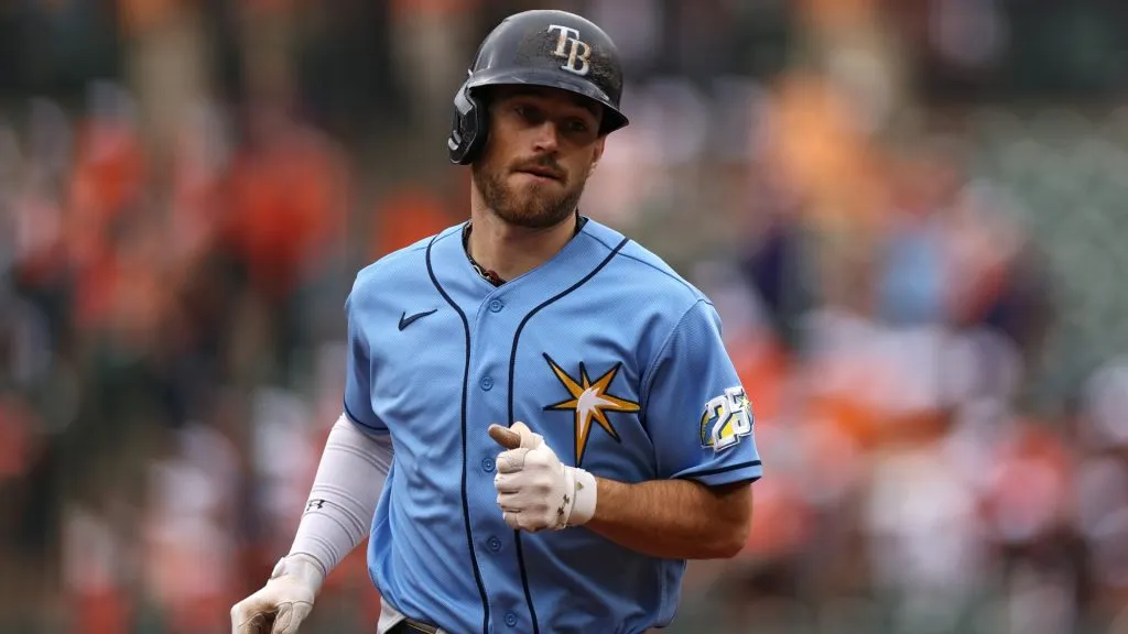 Brandon Lowe #8 of the Tampa Bay Rays rounds the bases after hitting a home run against the Baltimore Orioles during the first inning at Oriole Park at Camden Yards in Baltimore, Maryland. (Photo by Patrick Smith/Getty Images)