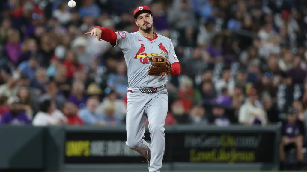 Nolan Arenado #28 of the St. Louis Cardinals throws out Brenton Doyle of the Colorado Rockies in the fourth inning at Coors Field on September 24, 2024 in Denver, Colorado. (Photo by Matthew Stockman/Getty Images)