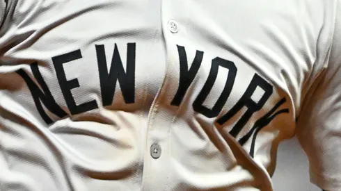 A jersey close-up of Juan Soto #22 of the New York Yankees rounding the bases after hitting a home run in the 10th inning against the Cleveland Guardians during Game Five of the American League Championship Series.
