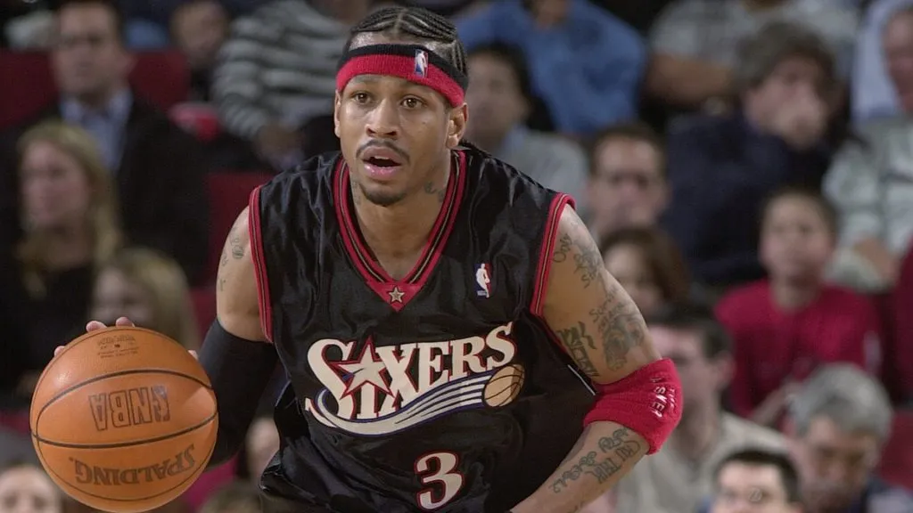 Allen Iverson #3 of the Philadelphia 76ers dribbles the ball up the court against the Seattle Sonics during the game on February 19, 2004. (Source: Otto Greule Jr./Getty Images)