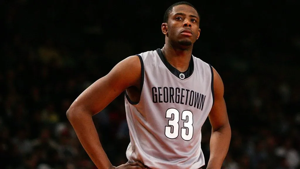 Patrick Ewing Jr. #33 of the Georgetown Hoyas reacts after a play during the final of the 2008 Big East Men’s Basketball Championship at Madison Square Garden on March 15, 2008. (Source: Jim McIsaac/Getty Images)