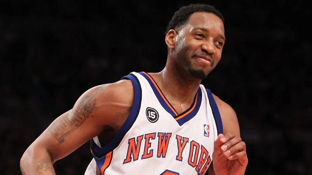 Tracy McGrady #3 of the New York Knicks smiles after making a basket against the Oklahoma City Thunder at Madison Square Garden on February 20, 2010. (Source: Nick Laham/Getty Images)