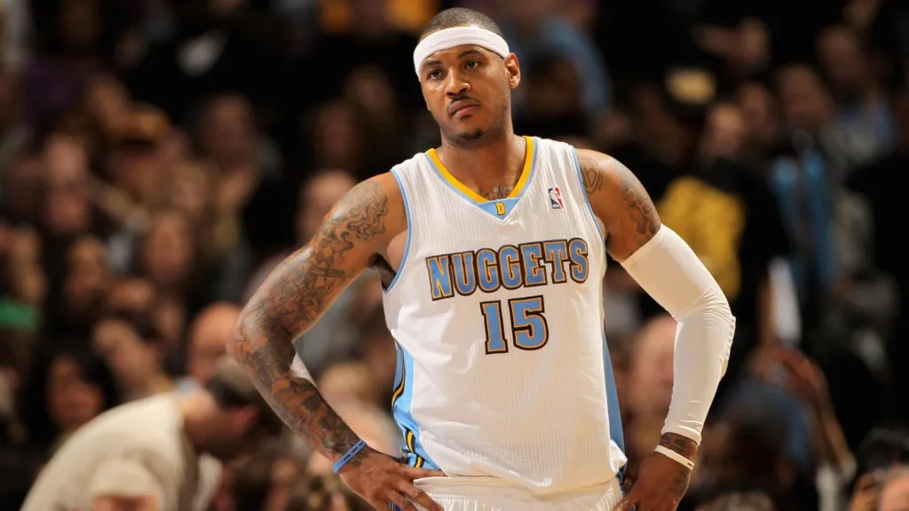 Carmelo Anthony #15 of the Denver Nuggets looks on during a break in the action against the Los Angeles Lakers at the Pepsi Center on January 21, 2011. (Source: Doug Pensinger/Getty Images)