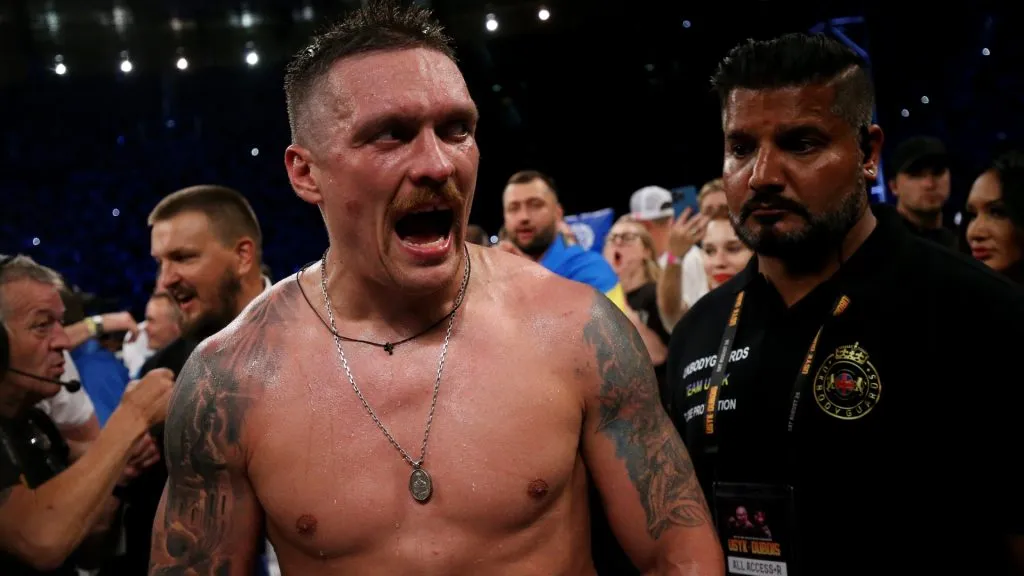 Oleksandr Usyk celebrates victory after defeating Daniel Dubois during the Heavyweight fight between Oleksandr Usyk and Daniel Dubois at Stadion Wroclaw on August 26, 2023 in Wroclaw, Poland. (Photo by Gabriel Kuchta/Getty Images)