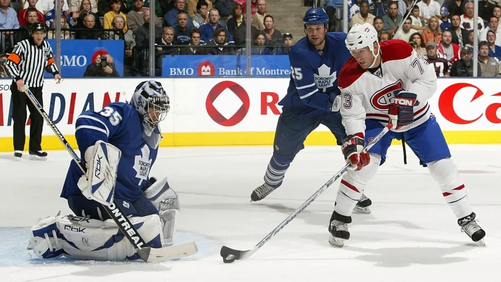Hal Gill of the Maple Leafs looks on as teammate Vesa Toskala makes a save on a shot tipped by Michael Ryder #73 of the Canadiens during their NHL game on October 6, 2007. (Source: Dave Sandford/Getty Images)