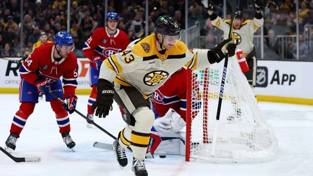 Danton Heinen #43 of the Boston Bruins celebrates after scoring a hat trick goal against the Montreal Canadiens during the third period at TD Garden on January 20, 2024. (Source: Maddie Meyer/Getty Images)
