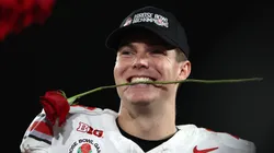 Will Howard #18 of the Ohio State Buckeyes celebrates after defeating the Oregon Ducks 41-21 in the Rose Bowl Game Presented by Prudential at Rose Bowl Stadium on January 01, 2025 in Pasadena, California.