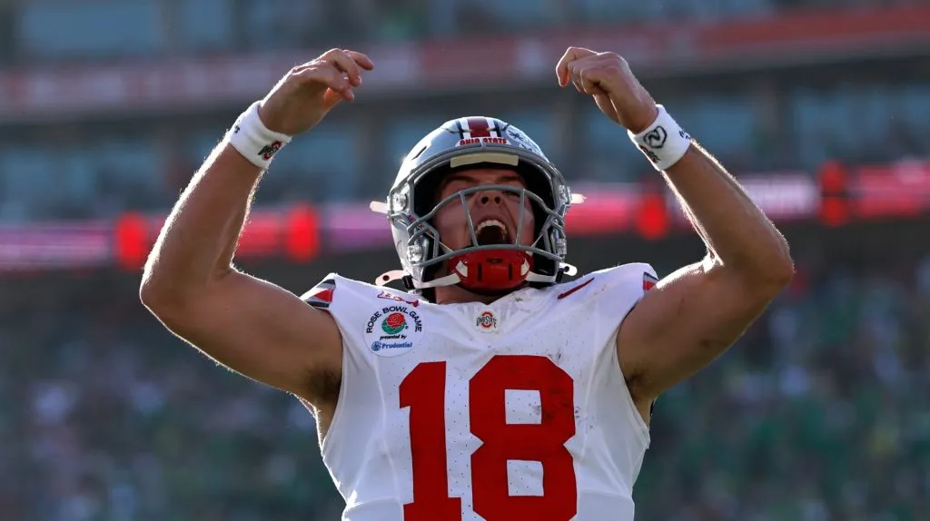 Will Howard #18 of the Ohio State Buckeyes celebrates a touchdown during the first quarter against the Oregon Ducks during the Rose Bowl Game Presented by Prudential at Rose Bowl Stadium on January 01, 2025 in Pasadena, California.
