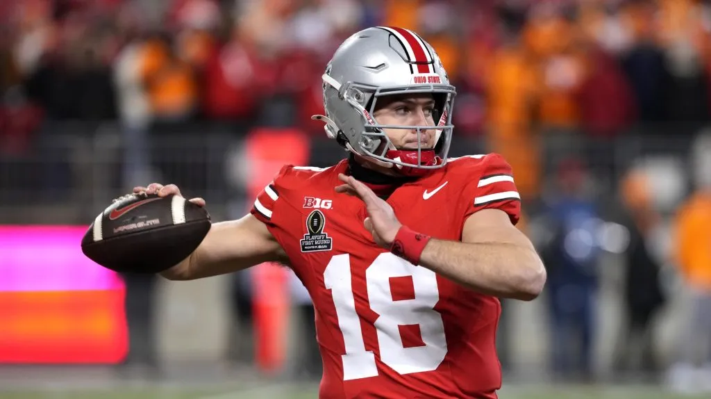 Quarterback Will Howard #18 of the Ohio State Buckeyes seen in action during the game against the Tennessee Volunteers at Ohio Stadium on December 21, 2024 in Columbus, Ohio.