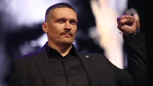 Oleksandr Usyk reacts during the Tyson Fury v Oleksandr Usyk Press Conference at Outernet London on November 16, 2023 in London, England.