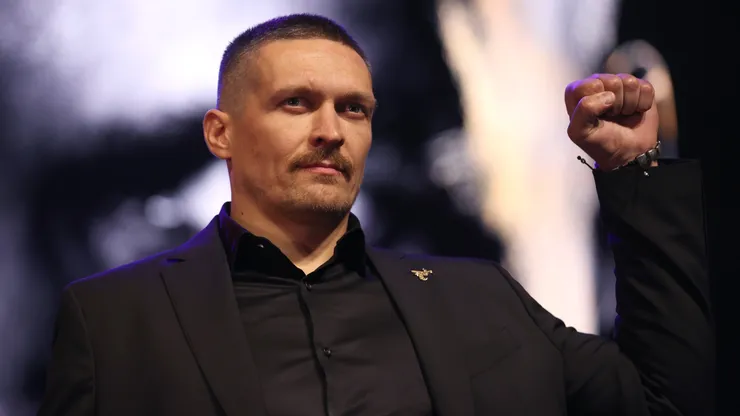 Oleksandr Usyk reacts during the Tyson Fury v Oleksandr Usyk Press Conference at Outernet London on November 16, 2023 in London, England.