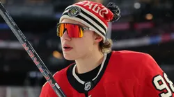 Connor Bedard #98 of the Chicago Blackhawks warms up prior to the 2024 NHL Winter Classic against the St. Louis Blues at Wrigley Field on December 31, 2024 in Chicago, Illinois.