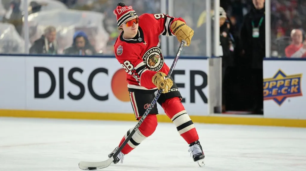 Connor Bedard #98 of the Chicago Blackhawks warms up prior to the 2024 NHL Winter Classic against the St. Louis Blues at Wrigley Field on December 31, 2024 in Chicago, Illinois.