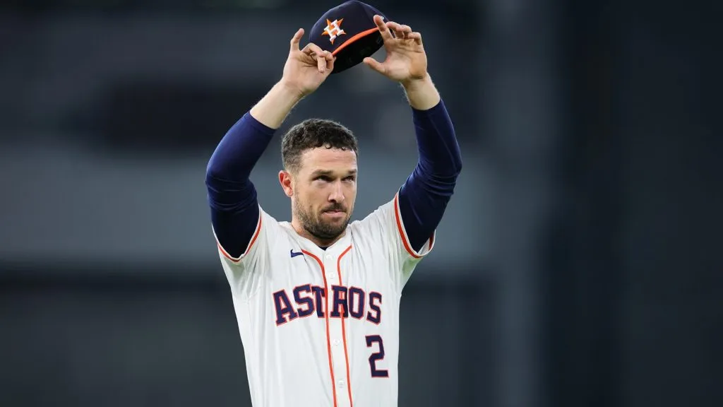 Alex Bregman #2 of the Houston Astros waves to fans prior to playing the Detroit Tigers in Game One of the Wild Card Series at Minute Maid Park on October 01, 2024 in Houston, Texas. (Photo by Alex Slitz/Getty Images)