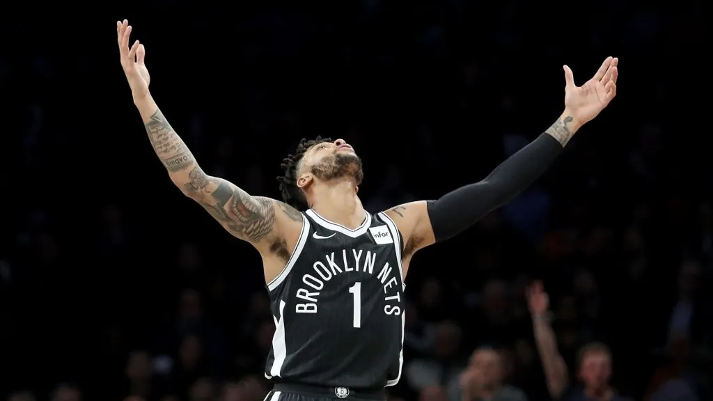 D’Angelo Russell #1 of the Brooklyn Nets reacts after making a three point basket in the second quarter against the Philadelphia 76ers during their game at Barclays Center on January 31, 2018.