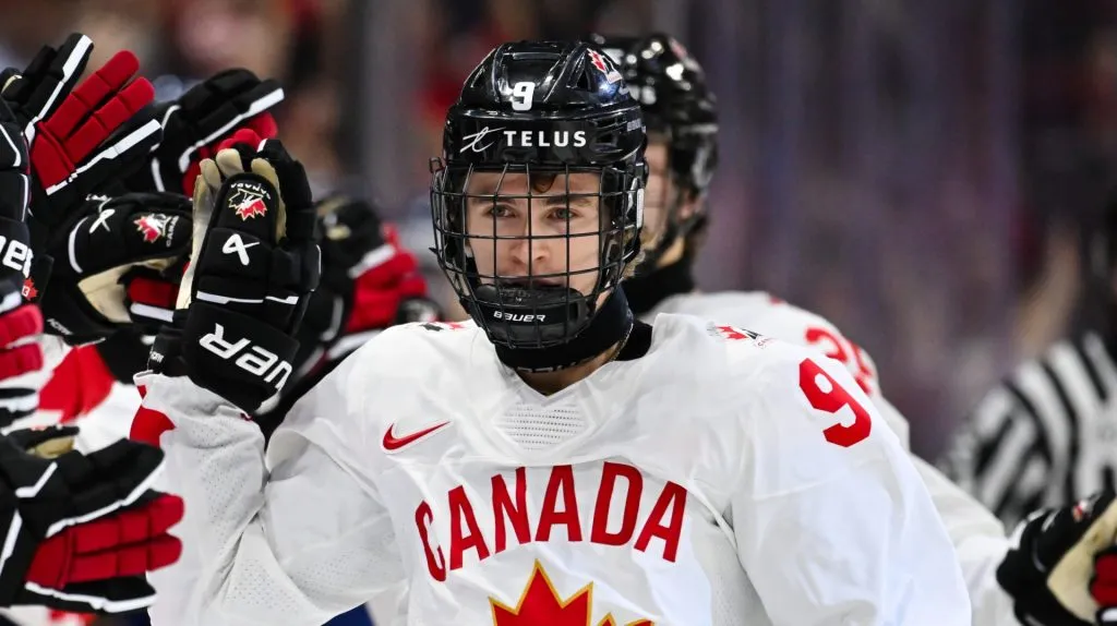Gavin McKenna #9 of Team Canada celebrates his goal with teammates on the bench during the first period at the 2025 IIHF World Junior Championship against Team Finland at Canadian Tire Centre December 26, 2024 in Ottawa, Ontario, Canada.