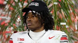 Jeremiah Smith #4 of the Ohio State Buckeyes looks on after defeating the Oregon Ducks 41-21 in the Rose Bowl Game Presented by Prudential at Rose Bowl Stadium on January 01, 2025 in Pasadena, California.