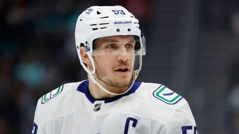 Bo Horvat, former #53 of the Vancouver Canucks looks on during the first period against the Seattle Kraken at Climate Pledge Arena on January 25, 2023 in Seattle, Washington.