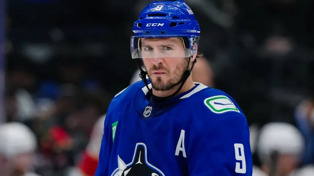 J.T. Miller #9 of the Vancouver Canucks looks on during the second period of their NHL game against the Florida Panthers at Rogers Arena on December 12, 2024 in Vancouver, British Columbia, Canada.