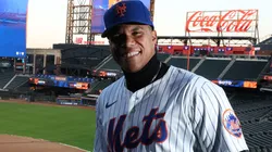 Juan Soto of the New York Mets poses with his new uniform after his introductory press conference at Citi Field on December 12, 2024 in New York City.