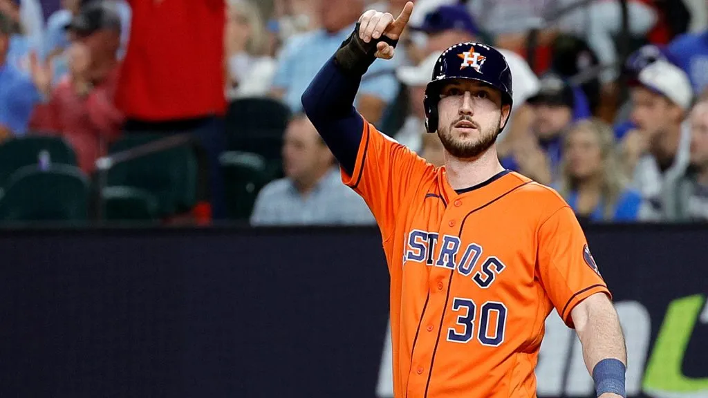 Kyle Tucker #30 of the Houston Astros celebrates after scoring runs off an RBI single hit by Martin Maldonado #15 against the Texas Rangers during the second inning in Game Three of the American League Championship Series at Globe Life Field on October 18, 2023 in Arlington, Texas. (Photo by Carmen Mandato/Getty Images)