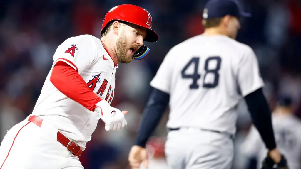 Taylor Ward #3 of the Los Angeles Angels hits a two-run double against the New York Yankees in the eighth inning at Angel Stadium of Anaheim on May 28, 2024 in Anaheim, California. (Photo by Ronald Martinez/Getty Images)