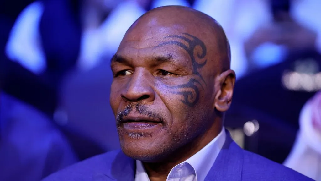 Mike Tyson looks on prior to the Cruiserweight Title fight between Jake Paul and Tommy Fury at the Diriyah Arena on February 26, 2023 in Riyadh, Saudi Arabia. (Photo by Francois Nel/Getty Images)