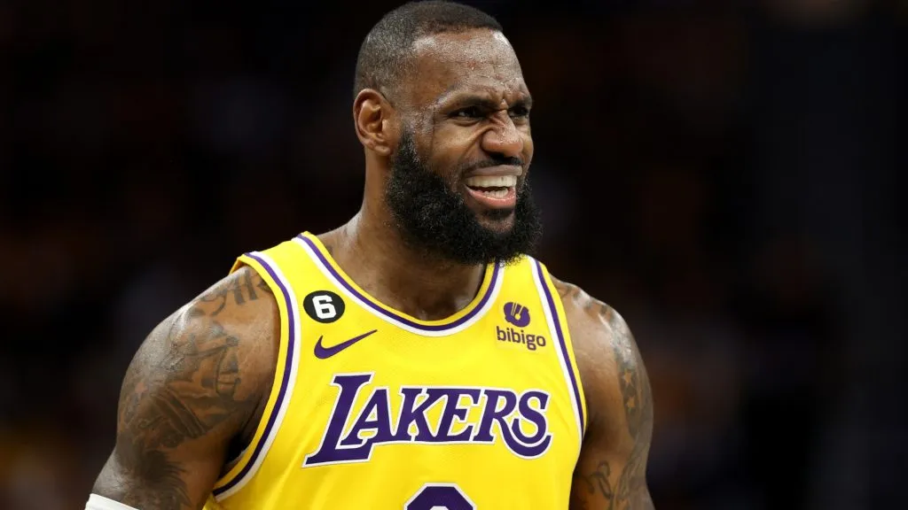 LeBron James #6 of the Los Angeles Lakers reacts during the third quarter in game one of the Western Conference Semifinal Playoffs against the Golden State Warriors at Chase Center on May 02, 2023. (Source: Ezra Shaw/Getty Images)