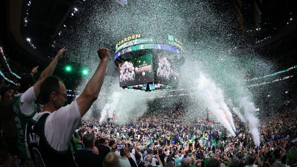 Confetti falls after the Boston Celtics 106-88 win against the Dallas Mavericks in Game Five of the 2024 NBA Finals at TD Garden on June 17, 2024. (Source: Adam Glanzman/Getty Images)