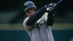 Jeff Bagwell #5 of the Houston Astros swings at the pitch during a game against the San Francisco Giants at 3Com Park on June 16, 1996.