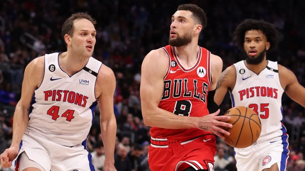 Zach LaVine #8 of the Chicago Bulls drives around Bojan Bogdanovic #44 of the Detroit Pistons during the second half at Little Caesars Arena on March 01, 2023. (Source: Gregory Shamus/Getty Images)