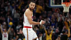 Stephen Curry #30 of the Golden State Warriors reacts after he made a three-point basket against the Philadelphia 76ers during the second half at Chase Center.