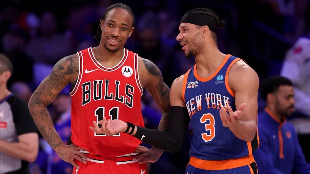DeMar DeRozan #11 of the Chicago Bulls and Josh Hart #3 of the New York Knicks talk as the second half begins at Madison Square Garden on April 14, 2024. (Source: Elsa/Getty Images)