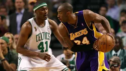 Kobe Bryant #24 of the Los Angeles Lakers looks to drive on James Posey #41 of the Boston Celtics in Game Six of the 2008 NBA Finals on June 17, 2008.