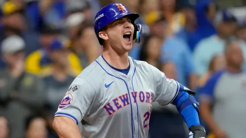 Pete Alonso #20 of the New York Mets celebrates after hitting a home run in the ninth inning against the Milwaukee Brewers during Game Three of the Wild Card Series at American Family Field on October 03, 2024 in Milwaukee, Wisconsin.