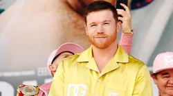 Undisputed super middleweight champion Saul “Canelo” Alvarez of Mexico smiles toward the crowd at the ceremonial weigh-in at Toshiba Plaza on September 29, 2023 in Las Vegas, Nevada. Alvarez will defend his titles against Jermell Charlo at T-Mobile Arena on September 30 in Las Vegas.