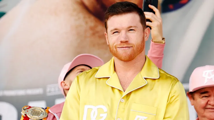 Undisputed super middleweight champion Saul “Canelo” Alvarez of Mexico smiles toward the crowd at the ceremonial weigh-in at Toshiba Plaza on September 29, 2023 in Las Vegas, Nevada. Alvarez will defend his titles against Jermell Charlo at T-Mobile Arena on September 30 in Las Vegas.