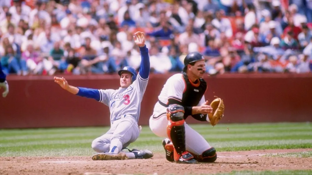 Second baseman Steve Sax of the Los Angeles Dodgers slides into a base during a game against the San Francisco Giants at Candlestick Park in San Francisco, California. (Source: Getty Images)